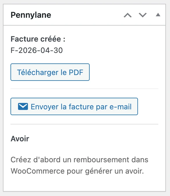 Bloc Pennylane dans la commande WooCommerce : facture créée, boutons Télécharger le PDF et Envoyer la facture par e-mail, section Avoir